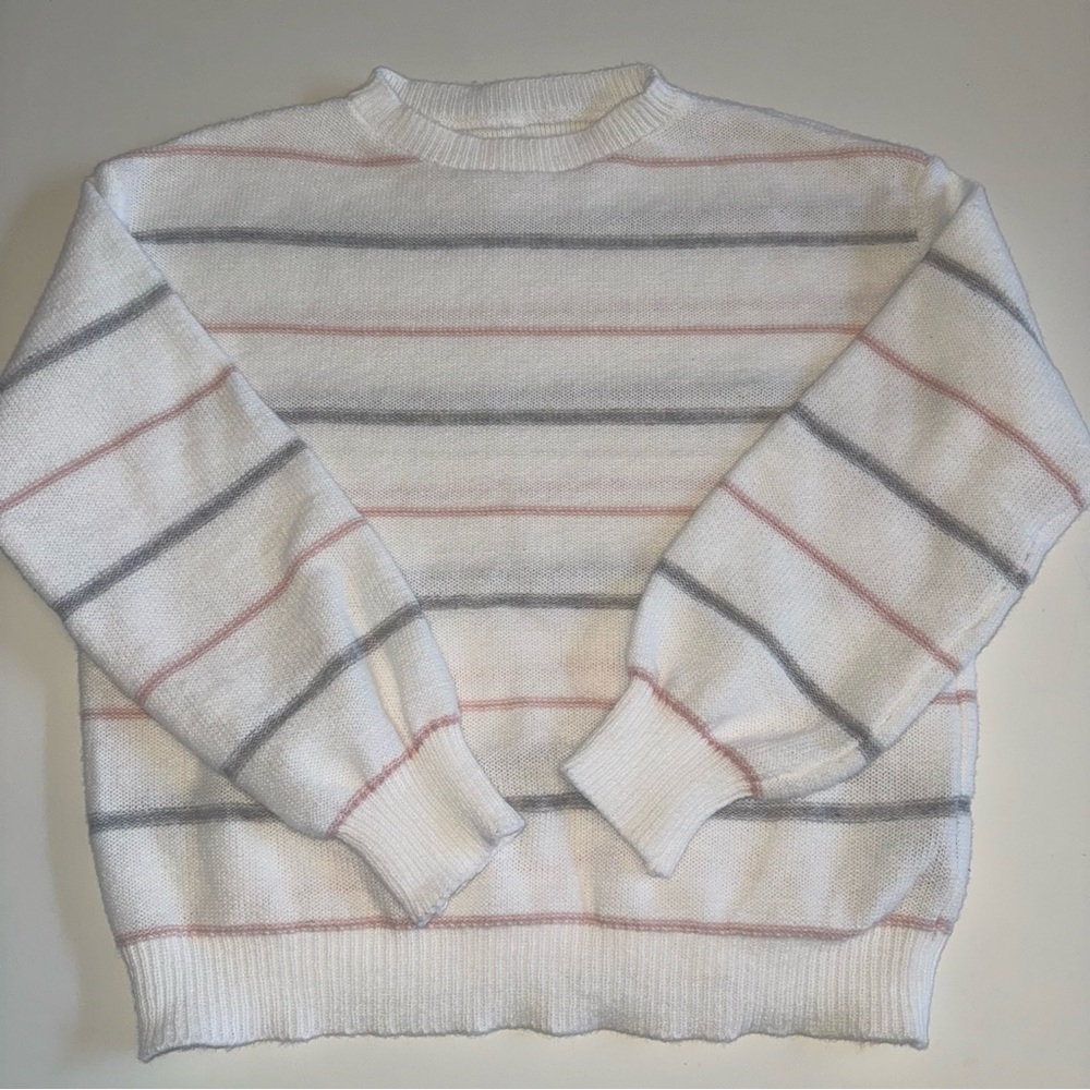 EMERY ROSE Crewneck Raglan Sleeve White Pink Gray Striped Pullover Sweater Small